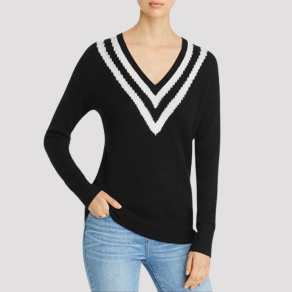 C by Bloomingdales Cashmere Varsity Stripe V-Neck Sweater, Blk/Ivory XL NWT